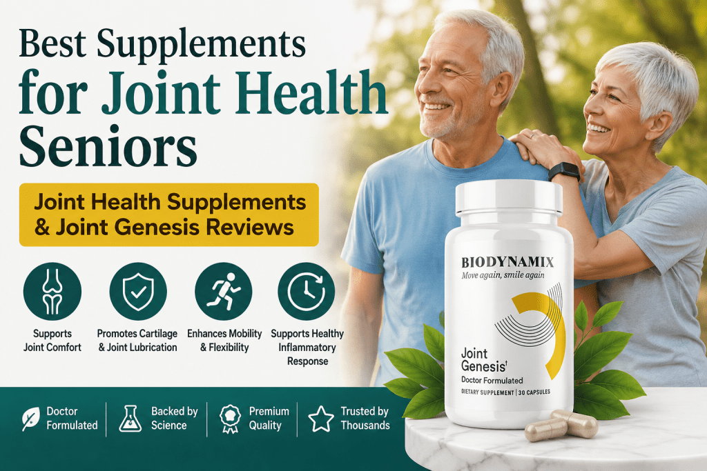 Joint Genesis review bottle displayed as one of the best supplements for joint health seniors.