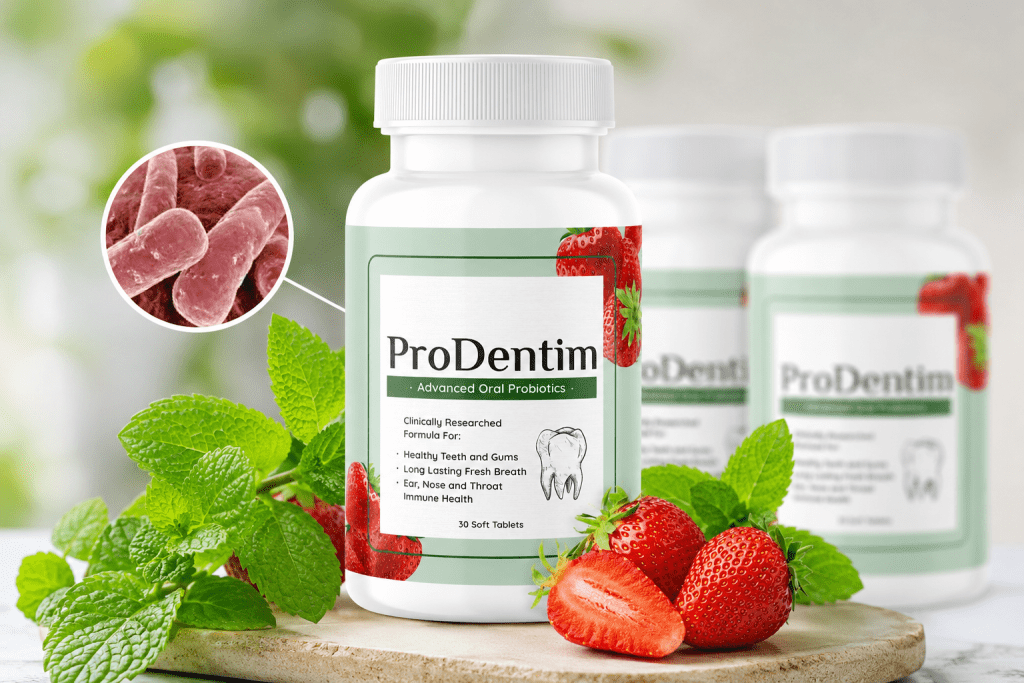ProDentim bottle with probiotics, strawberries, and mint leaves